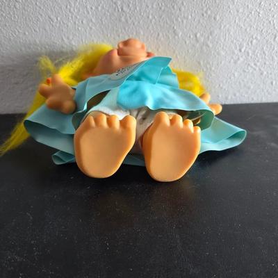 1960'S Vintage girl Troll bank with blue vinyl raincoat - Rare Thomas Dam 7" Troll doll