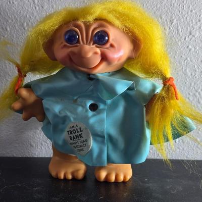 1960'S Vintage girl Troll bank with blue vinyl raincoat - Rare Thomas Dam 7" Troll doll