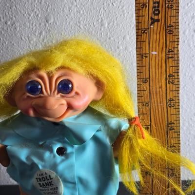 1960'S Vintage girl Troll bank with blue vinyl raincoat - Rare Thomas Dam 7" Troll doll