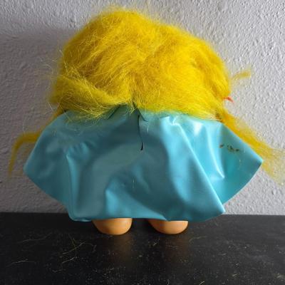 1960'S Vintage girl Troll bank with blue vinyl raincoat - Rare Thomas Dam 7" Troll doll