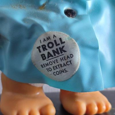 1960'S Vintage girl Troll bank with blue vinyl raincoat - Rare Thomas Dam 7" Troll doll