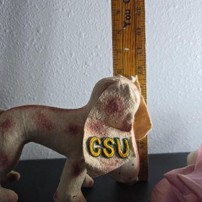 Three vintage felt stuffed dogs - 4-H Center souvenir dog, purple poodle dog, and a "Personality Pet" Dog by the Collegiate...