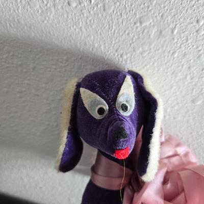 Three vintage felt stuffed dogs - 4-H Center souvenir dog, purple poodle dog, and a "Personality Pet" Dog by the Collegiate...