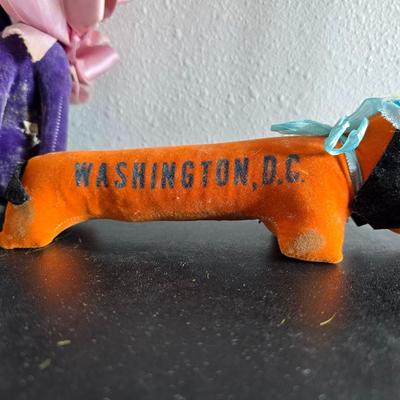 Three vintage felt stuffed dogs - 4-H Center souvenir dog, purple poodle dog, and a "Personality Pet" Dog by the Collegiate...