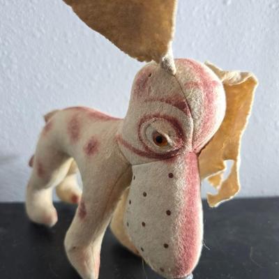 Three vintage felt stuffed dogs - 4-H Center souvenir dog, purple poodle dog, and a "Personality Pet" Dog by the Collegiate...