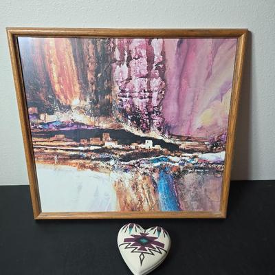 Framed John L. Medoza " Knowledge through time" UNC poster with a beautiful native American sand art ceramic heart