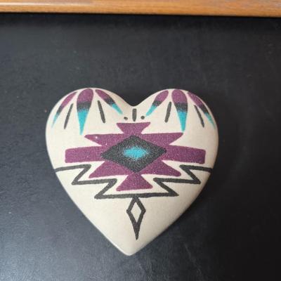 Framed John L. Medoza " Knowledge through time" UNC poster with a beautiful native American sand art ceramic heart