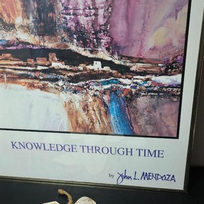 Framed John L. Medoza " Knowledge through time" UNC poster with a Native inspired ceramic wind chime