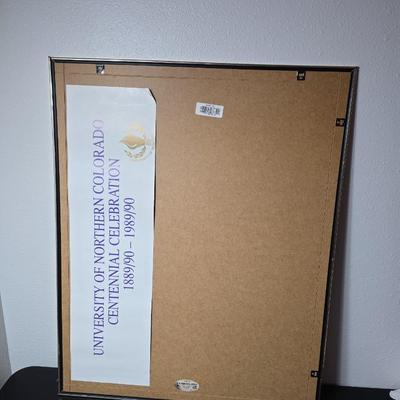 Framed John L. Medoza " Knowledge through time" UNC poster with a Native inspired ceramic wind chime