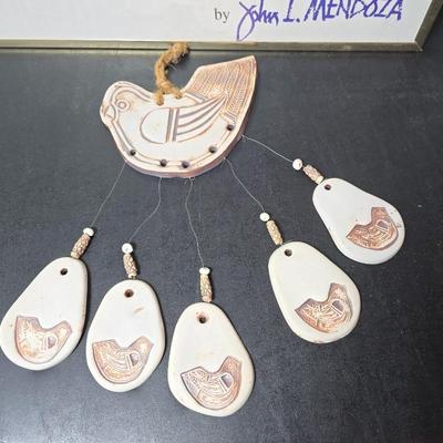 Framed John L. Medoza " Knowledge through time" UNC poster with a Native inspired ceramic wind chime