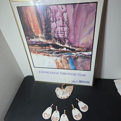 Framed John L. Medoza " Knowledge through time" UNC poster with a Native inspired ceramic wind chime