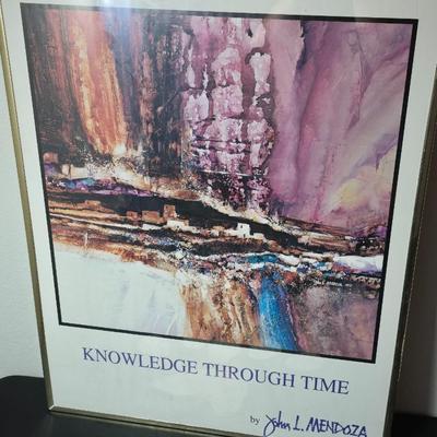 Framed John L. Medoza " Knowledge through time" UNC poster with a Native inspired ceramic wind chime