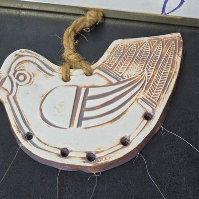 Framed John L. Medoza " Knowledge through time" UNC poster with a Native inspired ceramic wind chime