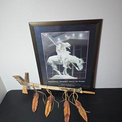 Wood carved Tomahawk pipe replica with a framed "The End of the Trail" by James Earle Fraser