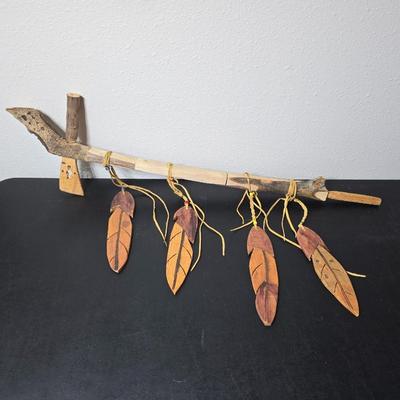 Wood carved Tomahawk pipe replica with a framed "The End of the Trail" by James Earle Fraser