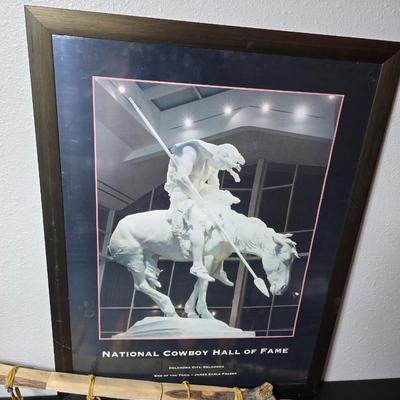 Wood carved Tomahawk pipe replica with a framed "The End of the Trail" by James Earle Fraser