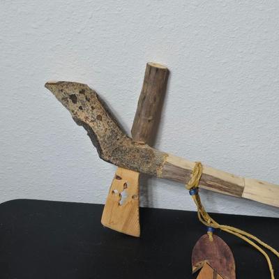 Wood carved Tomahawk pipe replica with a framed "The End of the Trail" by James Earle Fraser