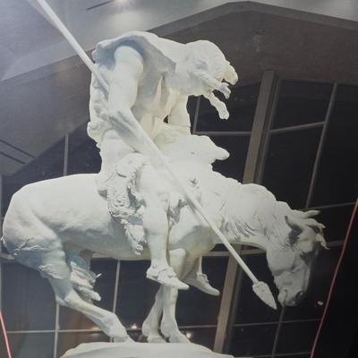 Wood carved Tomahawk pipe replica with a framed "The End of the Trail" by James Earle Fraser