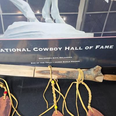 Wood carved Tomahawk pipe replica with a framed "The End of the Trail" by James Earle Fraser