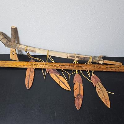 Wood carved Tomahawk pipe replica with a framed "The End of the Trail" by James Earle Fraser