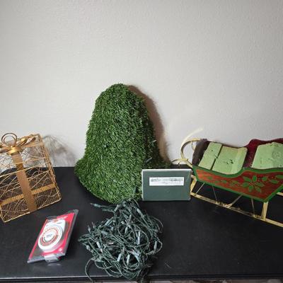 Christmas decor - Large pine garland bell - Wooden Sleigh - wire present and some working lights with a new timer