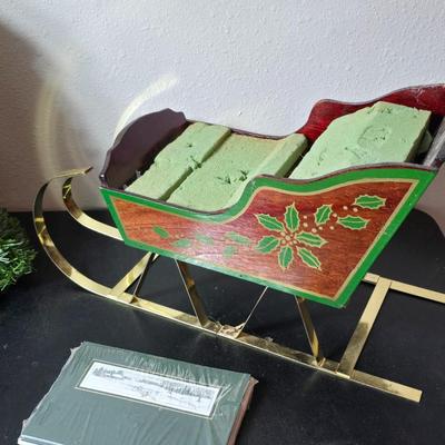 Christmas decor - Large pine garland bell - Wooden Sleigh - wire present and some working lights with a new timer