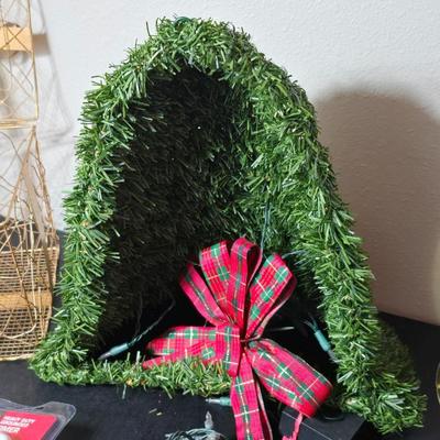 Christmas decor - Large pine garland bell - Wooden Sleigh - wire present and some working lights with a new timer