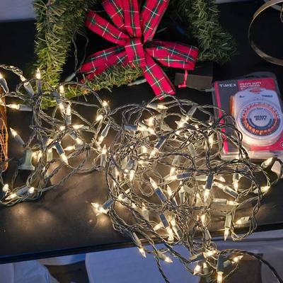Christmas decor - Large pine garland bell - Wooden Sleigh - wire present and some working lights with a new timer