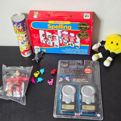 Collection of Children's toys - Spelling game - walkie talkies - Dinosaur pins - Kaleidoscope - and more GREAT GIFT IDEAS!