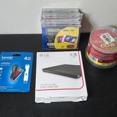 Home office -LG Ultra Slim portable DVD Writer - 50 new CD-R discs Jewel cases - New Lexas 4GB USB Jump drive