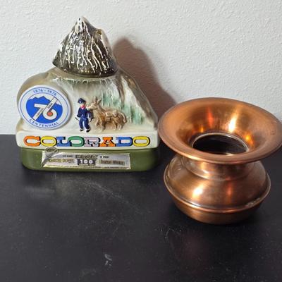 Vintage 1976 Jim Beam Colorado Centennial decanter with Copper Craft solid copper spittoon cuspidor