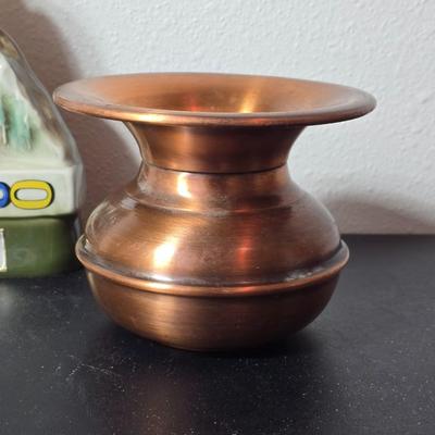 Vintage 1976 Jim Beam Colorado Centennial decanter with Copper Craft solid copper spittoon cuspidor
