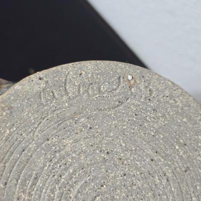 Set of two handmade signed stoneware pottery pieces, a pitcher and a mug