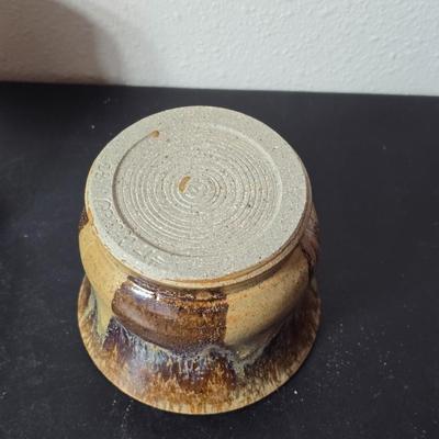 Set of two handmade signed stoneware pottery pieces, a pitcher and a mug