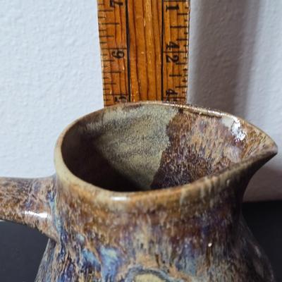 Set of two handmade signed stoneware pottery pieces, a pitcher and a mug