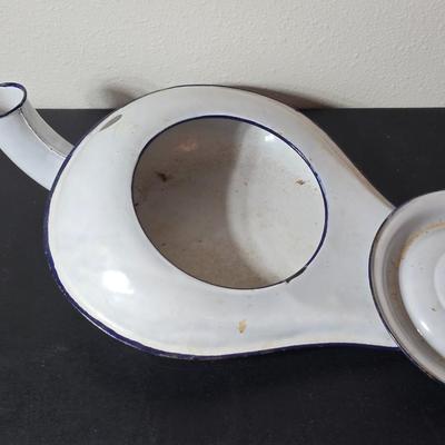 Vintage White Enamelware w/Blue Trim Bedpan / Urinal Combination Chamber pot with Lid, Antique Primitive Medical Device