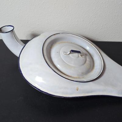 Vintage White Enamelware w/Blue Trim Bedpan / Urinal Combination Chamber pot with Lid, Antique Primitive Medical Device