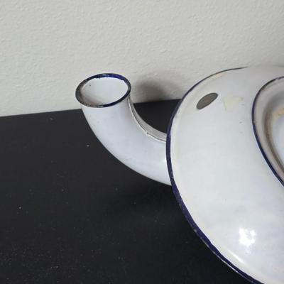 Vintage White Enamelware w/Blue Trim Bedpan / Urinal Combination Chamber pot with Lid, Antique Primitive Medical Device