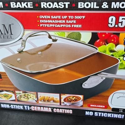 New Gotham Titanium & Ceramic 9.5" deep square pan with new trivet and small cookbook GREAT GFT IDEA!