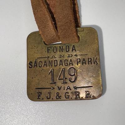 Railroad - Fonda, Johnstown, & Gloversville Railroad FJ&G RR Brass Luggage Tags W/Leather Strap