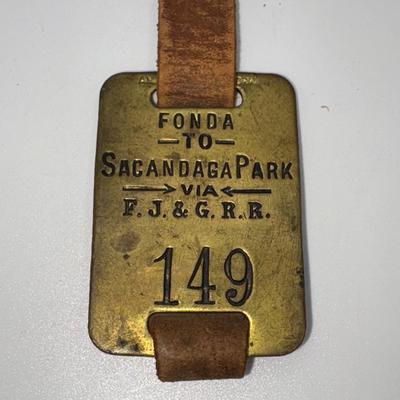 Railroad - Fonda, Johnstown, & Gloversville Railroad FJ&G RR Brass Luggage Tags W/Leather Strap