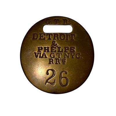 Railroad - Brass Luggage Tag, Detroit & Phelps via Grand Trunk & NY Central RR