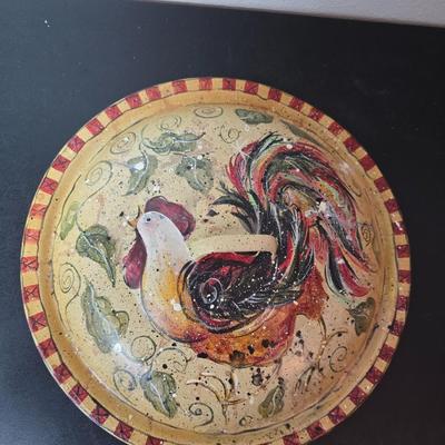 Handpainted rooster Enamel pan lid with a tin rooster free-standing decoration