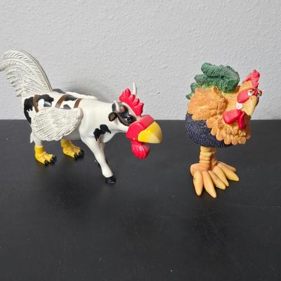 "Cow-Moo-Flage" figurine from the CowParade collection with "Charlie the Rooster" figurine from the Bobble Bods...