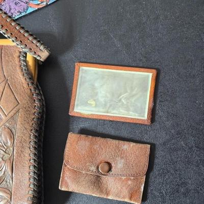 Antique Vintage Leather hand tooled Art Nouveau Deco purse - 1940s navy crocheted popcorn purse -belt - Handcrafted textiles and more