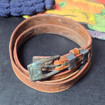 Antique Vintage Leather hand tooled Art Nouveau Deco purse - 1940s navy crocheted popcorn purse -belt - Handcrafted textiles and more