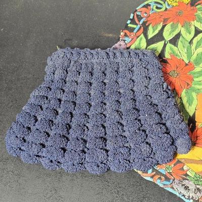 Antique Vintage Leather hand tooled Art Nouveau Deco purse - 1940s navy crocheted popcorn purse -belt - Handcrafted textiles and more