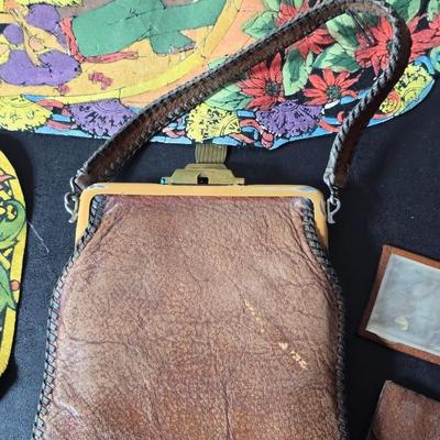 Antique Vintage Leather hand tooled Art Nouveau Deco purse - 1940s navy crocheted popcorn purse -belt - Handcrafted textiles and more