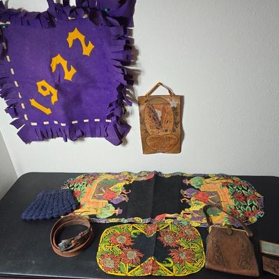 Antique Vintage Leather hand tooled Art Nouveau Deco purse - 1940s navy crocheted popcorn purse -belt - Handcrafted textiles and more