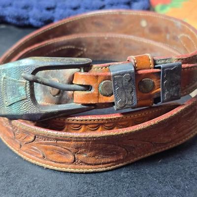 Antique Vintage Leather hand tooled Art Nouveau Deco purse - 1940s navy crocheted popcorn purse -belt - Handcrafted textiles and more